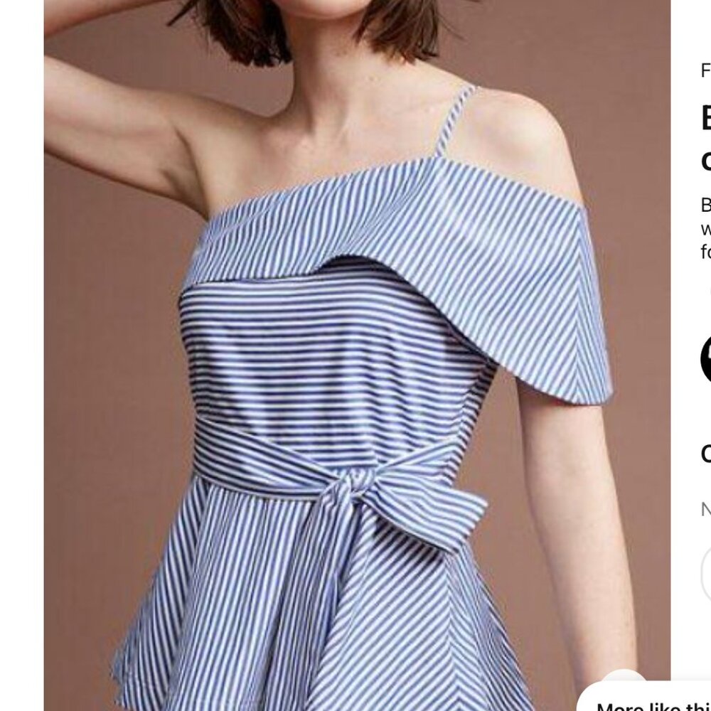 MAEVE Anthro Blue White Stripe One Shoulder Top Blouse Tie Waist Size Medium